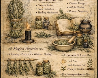 Sage Printable Herb Guide | Witchy Grimoire Page | Magical Properties & Uses | Herbal Book of Shadows l Dried Herbs l Witchcraft Witch