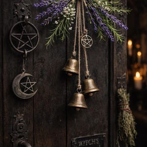 Handmade Witch Bells – Rustic Protection Charm with Lavender, Rosemary, Pentacle, witchy gifts, witchy decor image 3