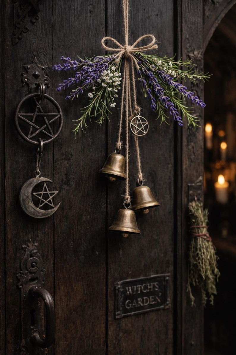 Handmade Witch Bells – Rustic Protection Charm with Lavender, Rosemary, Pentacle, witchy gifts, witchy decor image 3