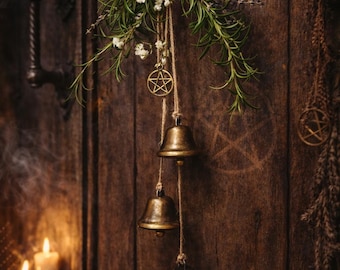 Handmade Witch Bells – Rustic Protection Charm with Lavender, Rosemary, Pentacle