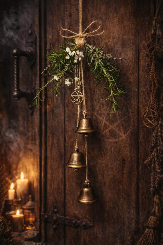 Handmade Witch Bells – Rustic Protection Charm with Lavender, Rosemary, Pentacle, witchy gifts, witchy decor
