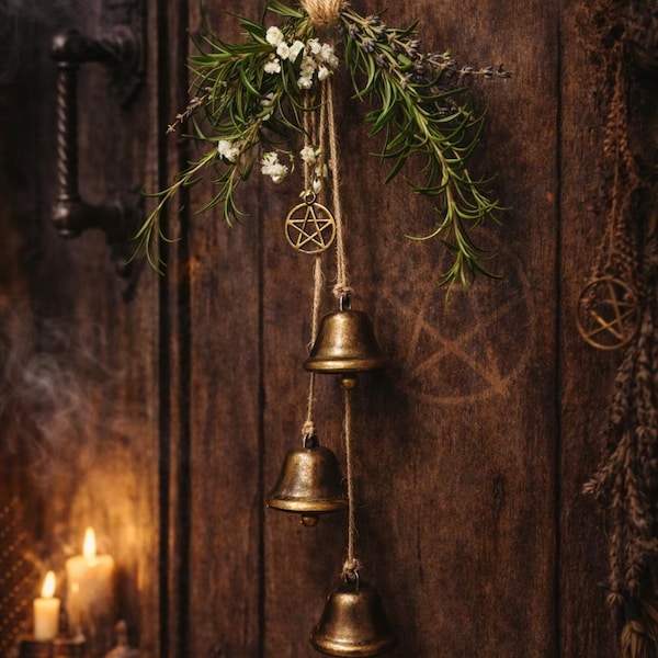 Handmade Witch Bells – Rustic Protection Charm with Lavender, Rosemary, Pentacle