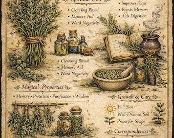 Rosemary Printable Herb Guide | Witchy Grimoire Page | Magical Properties & Uses | Herbal Book of Shadows l Dried Herbs l Witchcraft Witch