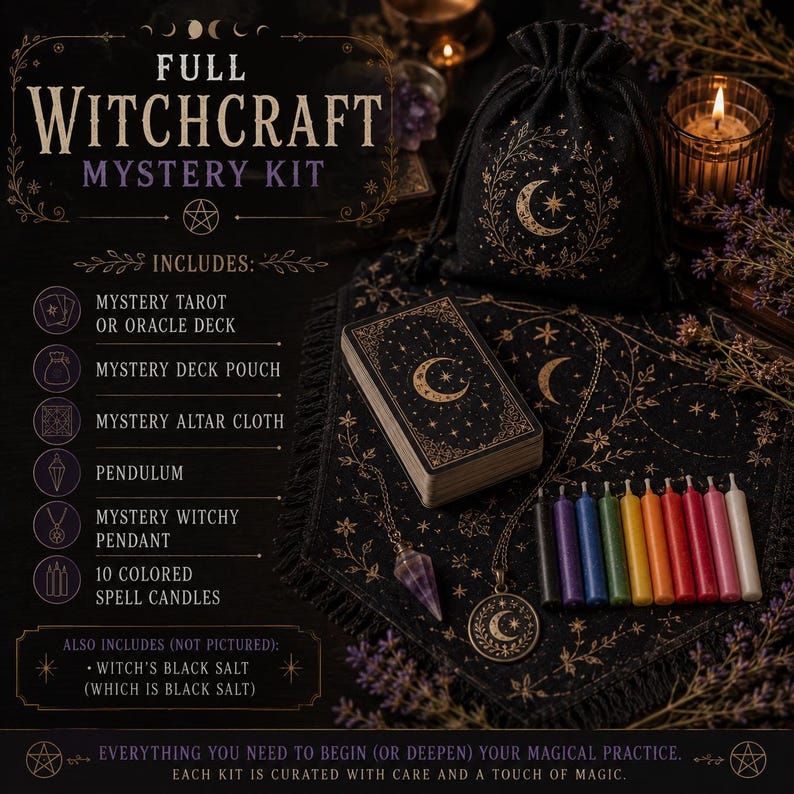 Puede incluir: Un kit de misterio de brujer&iacute;a que incluye una bolsa negra con cord&oacute;n, una baraja de cartas, un mantel de altar con flecos, un p&eacute;ndulo de cristal, un colgante circular y diez peque&ntilde;as velas de hechizo de colores. El texto dice Full Witchcraft Mystery Kit.
