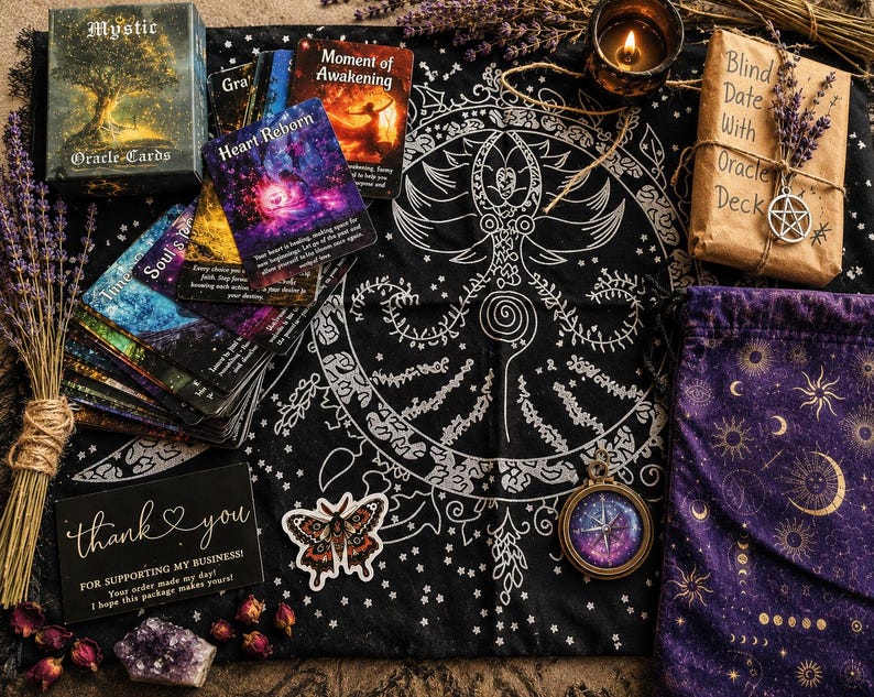 Puede incluir: Un conjunto de cartas del or&aacute;culo Mystic, una baraja envuelta en papel marr&oacute;n con la etiqueta Blind Date With Oracle Deck, una tela negra con arte lineal blanco, una bolsa morada con patrones celestiales dorados, una pegatina de mariposa y una br&uacute;jula.
