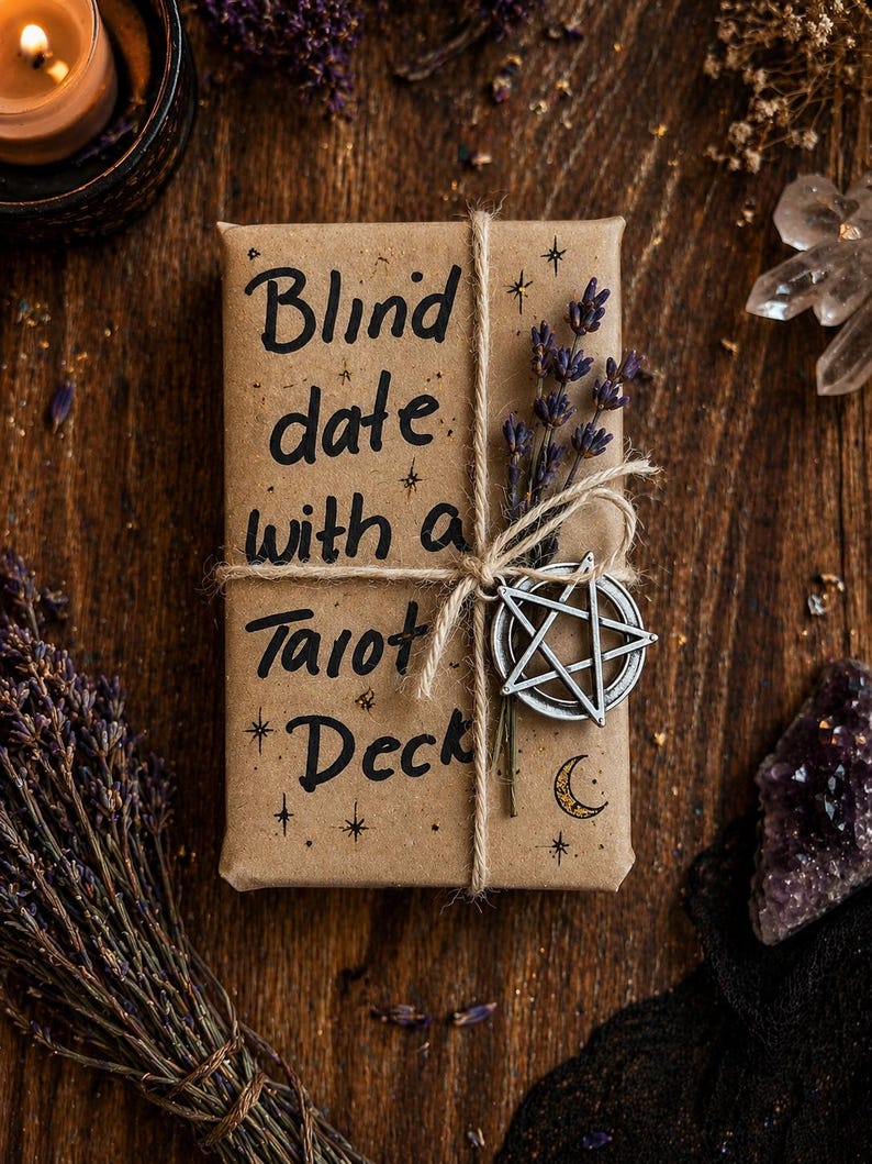 Puede incluir: Un paquete rectangular envuelto en papel marr&oacute;n con el texto Blind date with a Tarot Deck escrito en tinta negra. El paquete est&aacute; atado con cordel y decorado con una ramita de lavanda seca y un dije de pentagrama de metal plateado.