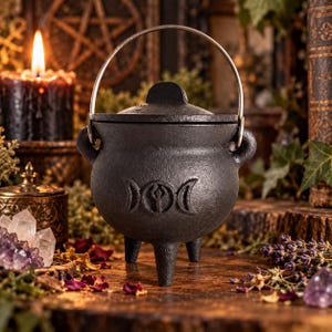 May include: A black cast iron cauldron with a matching lid and a silver-toned metal handle. The exterior features a raised triple moon symbol embossed on the front. The vessel stands on three short legs and has two small side handles.