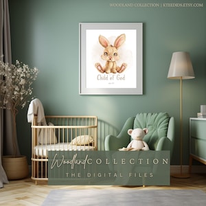 May include: A framed print featuring a watercolor illustration of a tan bunny with the text "Child of God." The print is displayed in a nursery setting with a crib, armchair, and a teddy bear. The room is painted in shades of green.