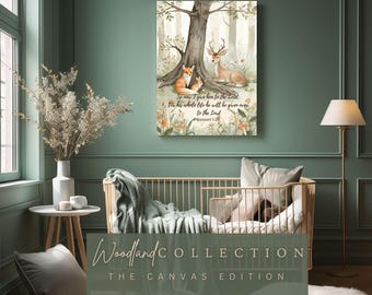 Op de afbeelding: Een canvas print uit de Woodland Collection met een aquarel illustratie van een vos, een hert en een konijn onder een boom. De print bevat de tekst "So now I give him to the Lord" en "Samuel 1:28".