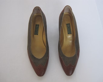 Vintage GUCCI Loafers: Brogue Lizard Leather & Canvas Slip Ons, Size 37