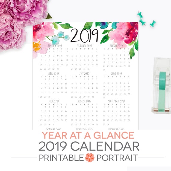 Year At A Glance Calendar 2018 Printable Letter Size Etsy