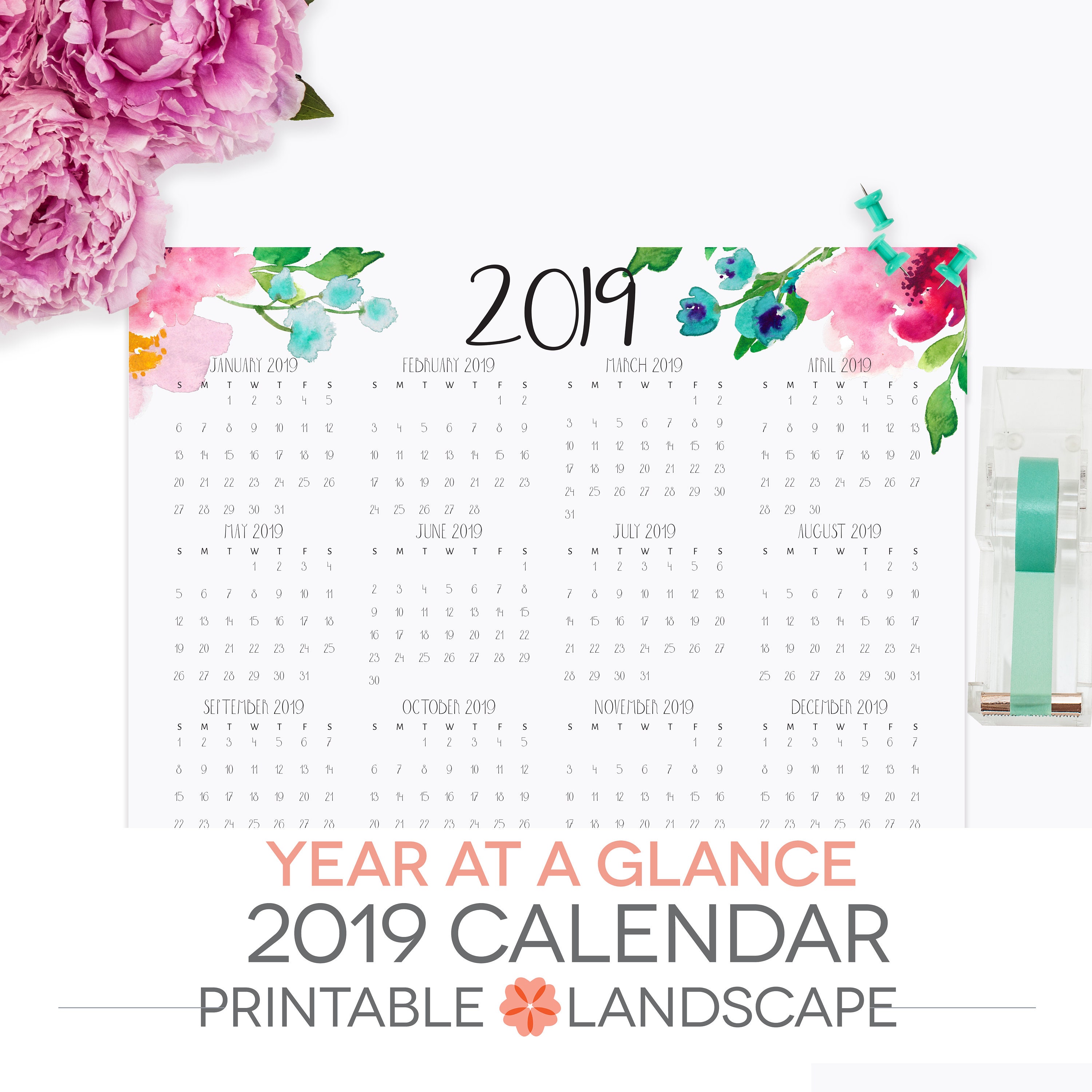 year-at-a-glance-calendar-2019-printable-letter-size-etsy