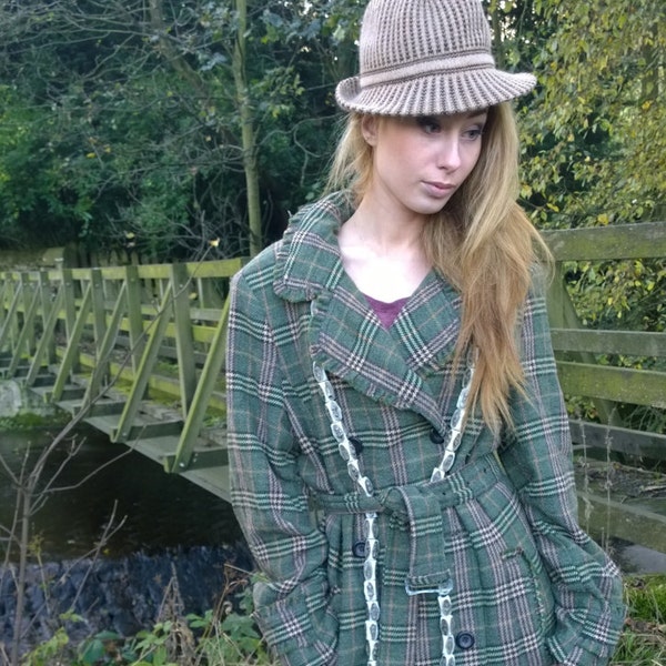 Vintage 80s Green Tartan Check Checked Trench Winter Coat Gift LIQUIDATION SALE
