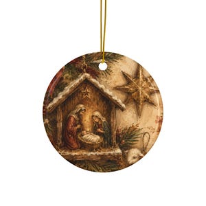 Ornamento natalizio a forma di presepe, in ceramica bifacciale.