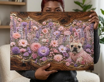 French Bulldog in Pink Floral Field Glass Cutting Board | Floral Kitchen Decor