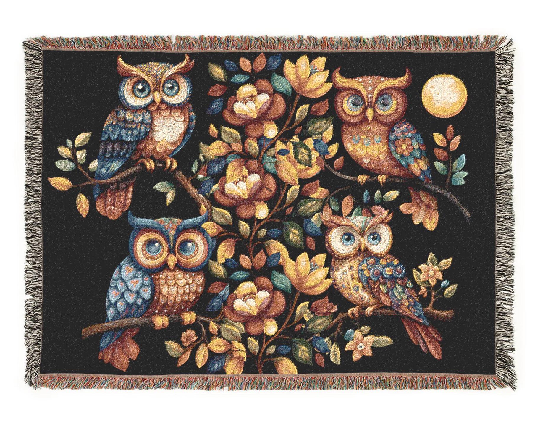 Owls on Branch Pattern Blanket | Nighttime Floral Tapestry Throw