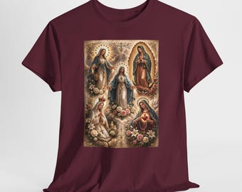 Catholic Virgin Mary Montage Tee | Our Lady Print, Religious Marian Art