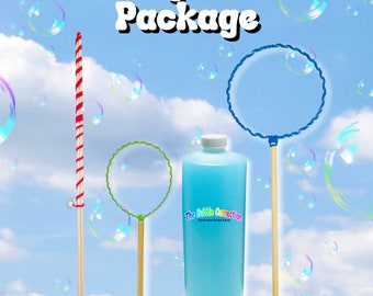 Growing Bubbles Package, 1 small wire and 1 large wire bubble wands, 1 medium string bubble wand and 1 32 oz. bottle of bubble solution.