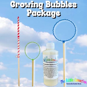 May include: A Growing Bubbles Package set featuring two bubble wands with wooden handles, one with a red spiral wrap and one with a blue twisted wire loop, plus a green wire loop wand and a bottle of concentrated starter formula by The Bubble Connection.