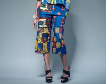 Crop blue trouser, Dark navy blue trousers, Elastic waistband African print Crop pant blue trouser Capri pant wide leg trousers