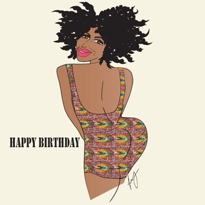 May include: A digital illustration of a woman with curly black hair wearing a colorful patterned dress. The text "HAPPY BIRTHDAY" is printed below the woman.