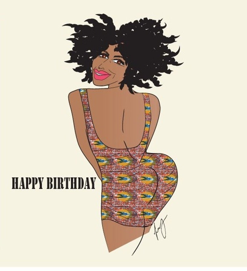 May include: A digital illustration of a woman with curly black hair wearing a colorful patterned dress. The text "HAPPY BIRTHDAY" is printed below the woman.