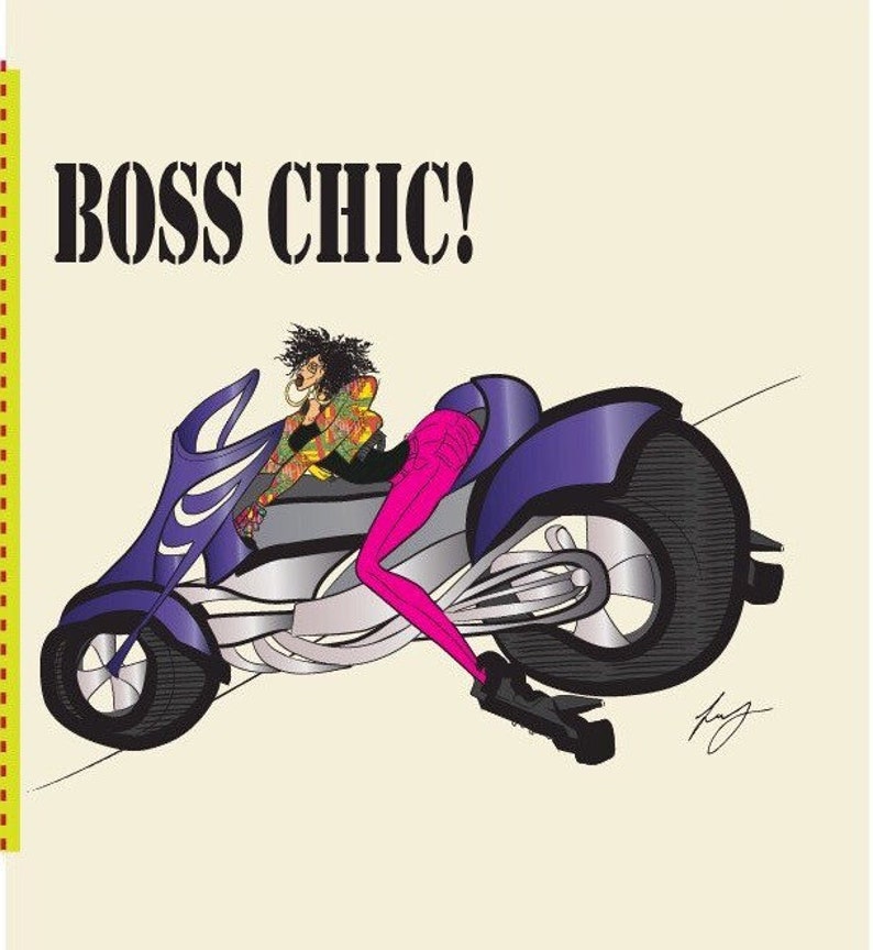 May include: A woman in a colorful shirt and pink pants rides a purple and silver motorcycle. The motorcycle has a single front wheel and a large back wheel. The text "BOSS CHIC!" is at the top of the image.