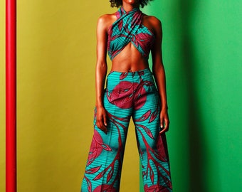 Turquoise’s multi tie jumpsuit trouser -WIDE LEG JUMPSUITS-African print jumpsuit