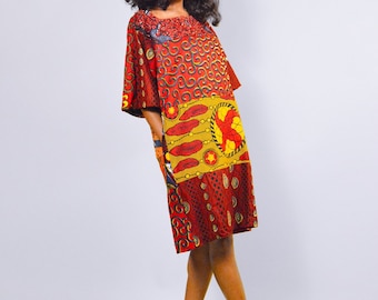 Vestido túnica vermelho com estampa africana: quimono de algodão Ankara oversized