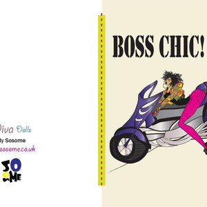 May include: A cartoon illustration of a woman riding a purple and silver motorcycle. The woman is wearing pink pants and a green and brown shirt. The text "BOSS CHIC!" is written in black letters above the motorcycle.
