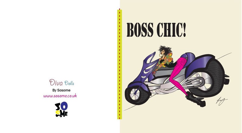 May include: A cartoon illustration of a woman riding a purple and silver motorcycle. The woman is wearing pink pants and a green and brown shirt. The text "BOSS CHIC!" is written in black letters above the motorcycle.