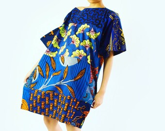 Deep blue Carla dress, African print tunic dress  - oversized summer Short dress