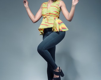 Yellow gold Kente peplum wrap Ankara top