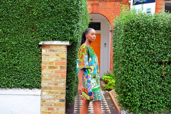 Green Ankara African Print Tunic Dress, Oversized Summer Floral