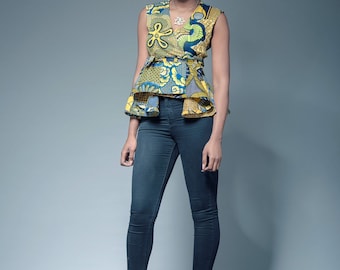 Kira green wrap top, Green African Print Blouse - wrap peplum top