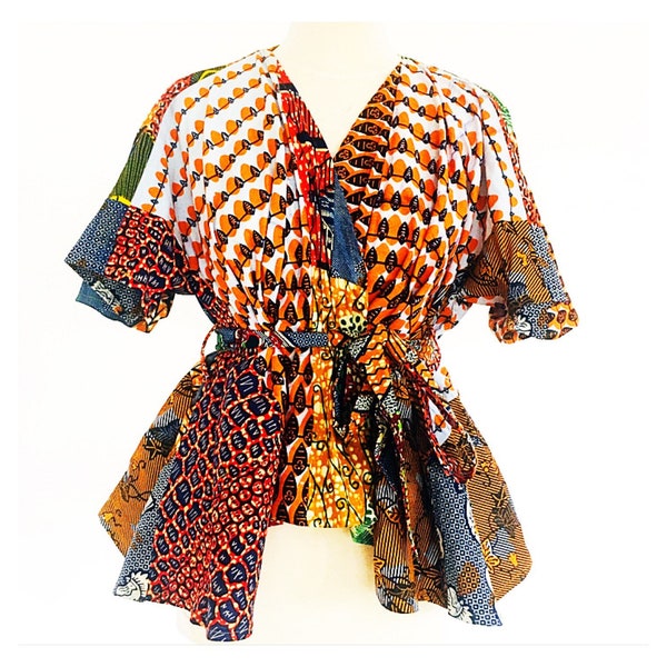 Ladi wrap top orange, Ankara wrap shirt blouse top