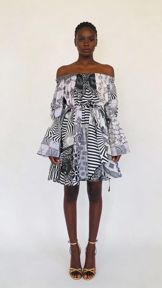Off Shoulder African Print Smock Dress, Oversized Midi Dress Off Shoulder African Print Smock Dress, Oversized Midi Dress