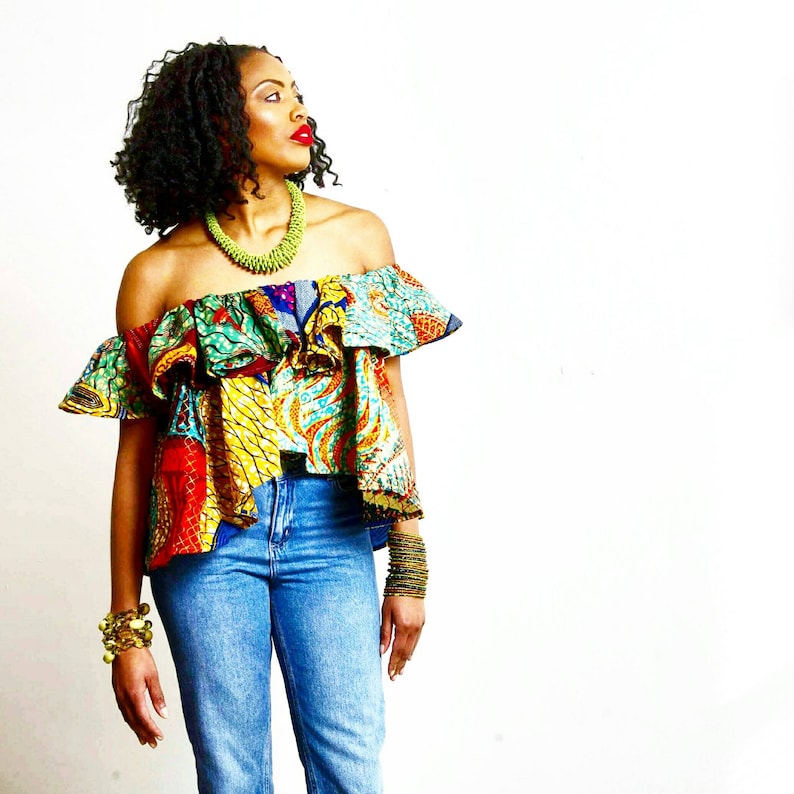 Lia off shoulder top, African print loose blouse , African crop Top, African Clothing African Print Ankara Top African Fabric image 1