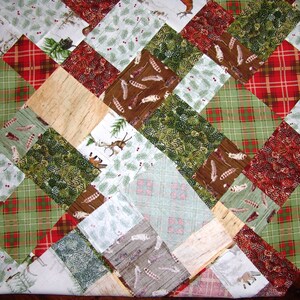 Unfinished lap/baby quilt TOP featuring the woodland or lodge look in a random pattern. colors, red, green, brown, white, tan image 3