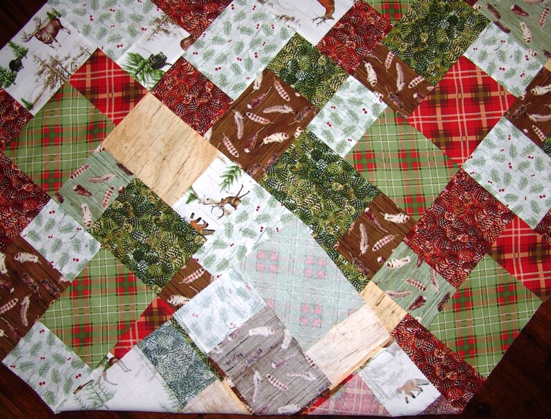 Unfinished lap/baby quilt TOP featuring the woodland or lodge look in a random pattern. colors, red, green, brown, white, tan image 3