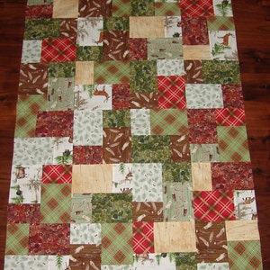 Unfinished lap/baby quilt TOP featuring the woodland or lodge look in a random pattern. colors, red, green, brown, white, tan image 5