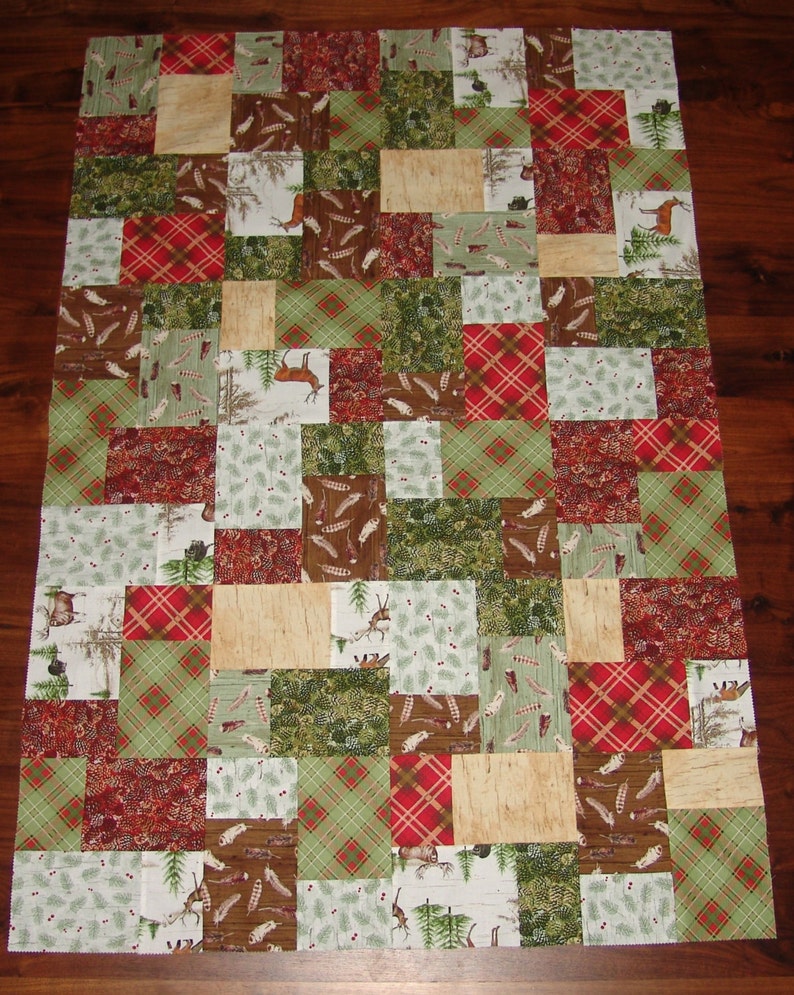 Unfinished lap/baby quilt TOP featuring the woodland or lodge look in a random pattern. colors, red, green, brown, white, tan image 5