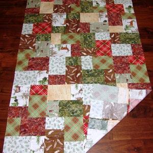 Unfinished lap/baby quilt TOP featuring the woodland or lodge look in a random pattern. colors, red, green, brown, white, tan image 4
