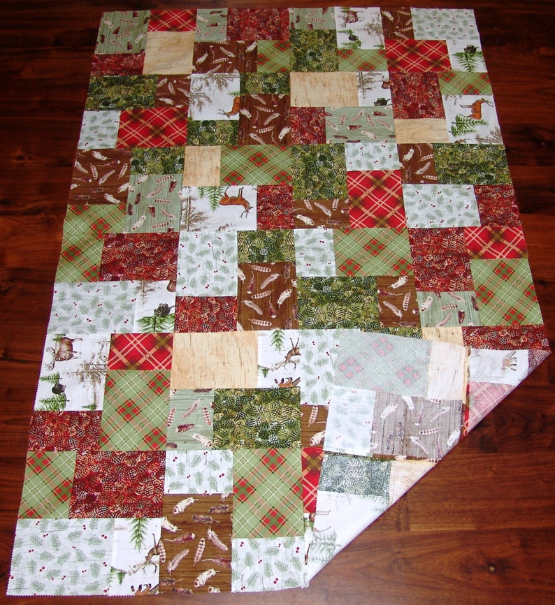 Unfinished lap/baby quilt TOP featuring the woodland or lodge look in a random pattern. colors, red, green, brown, white, tan image 4