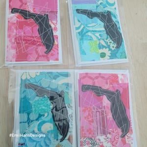 Tarjetas de felicitación/notas de tela, paquete de cuatro. Multicolor. Forma de Florida, recortada en la tarjeta.