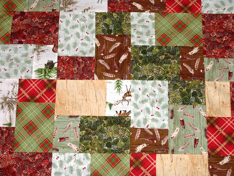 Unfinished lap/baby quilt TOP featuring the woodland or lodge look in a random pattern. colors, red, green, brown, white, tan image 2