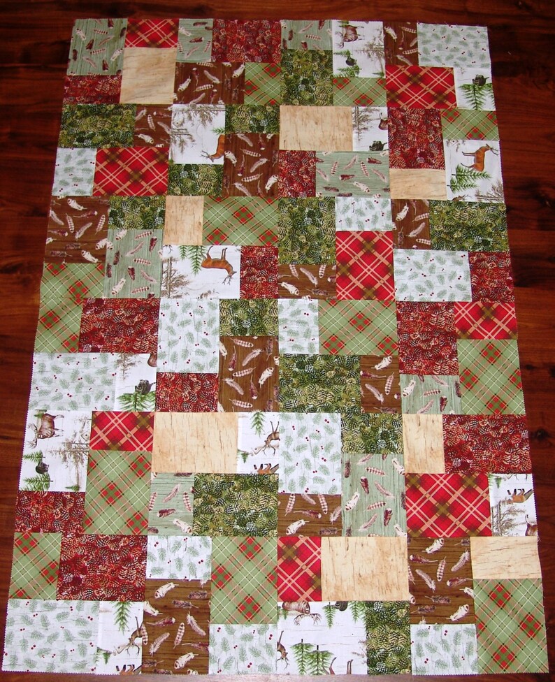 Unfinished lap/baby quilt TOP featuring the woodland or lodge look in a random pattern. colors, red, green, brown, white, tan image 1
