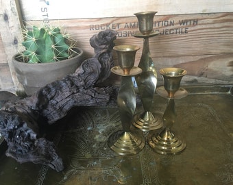 Brass twisted stem candlestick holder set of three