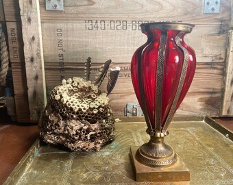 Brass cast Art Deco ornate vase ruby red glass