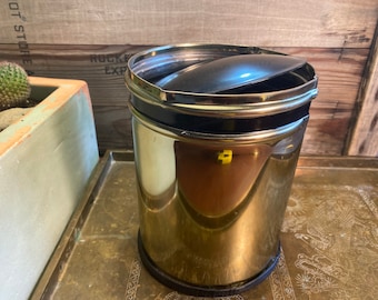 Brass colored aluminum vintage swivel top trash can for office or bath